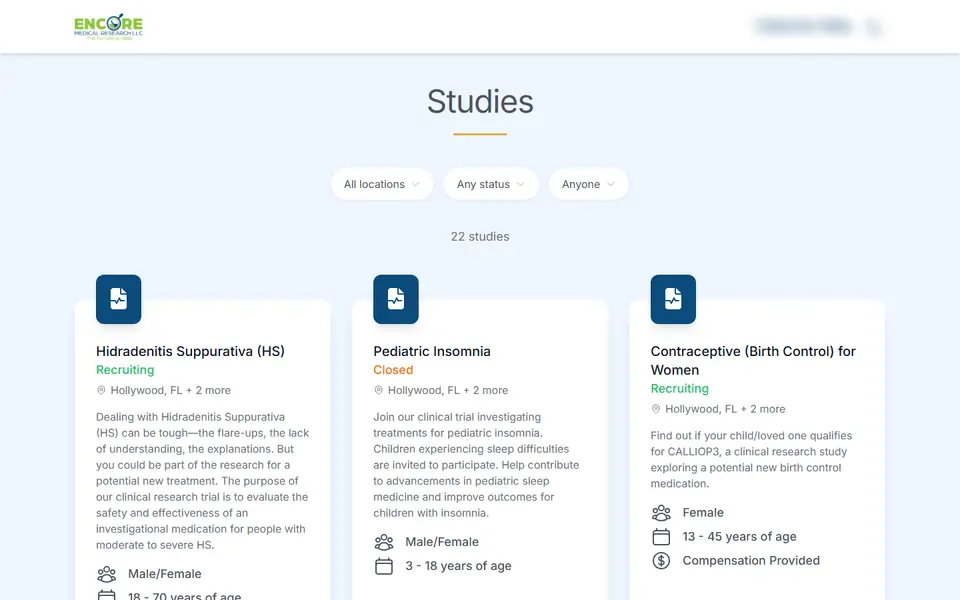 A research site's page listing its studies, filtered by location, status and who can take part